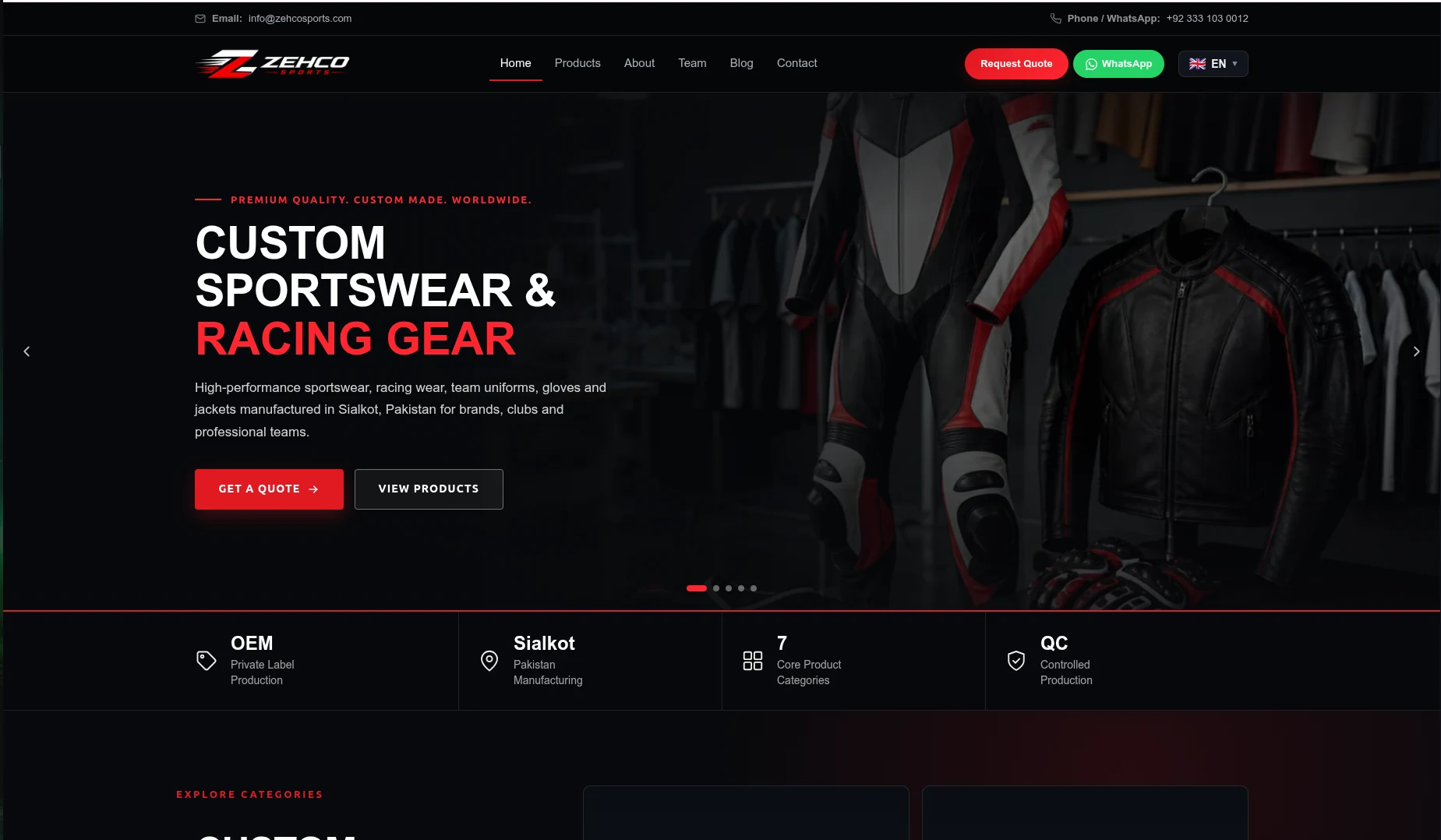 ZEHCO Sports custom sportswear manufacturing website
